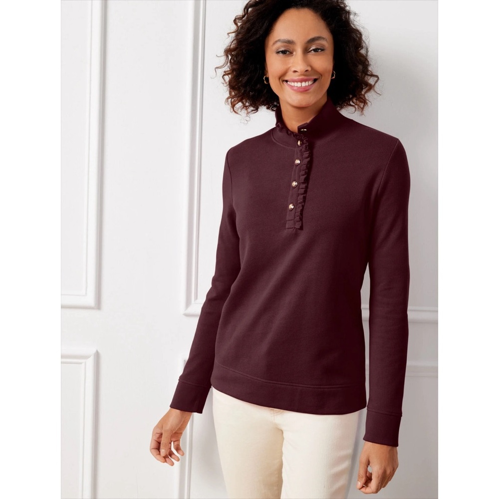 Talbots Ruffle Button Placket Mock Neck Pullover Sweatshirt Burgundy Purple L